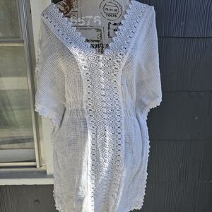 White Crochet V-Neck Women's Swim Coverup